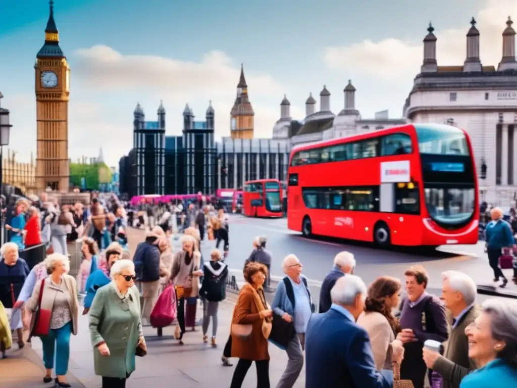 Encantador turismo para adultos mayores en Londres Beneficios de viajar a Londres para adultos mayores: vibrante escena callejera con turistas mayores, diversidad, accesibilidad y atención médica de calidad