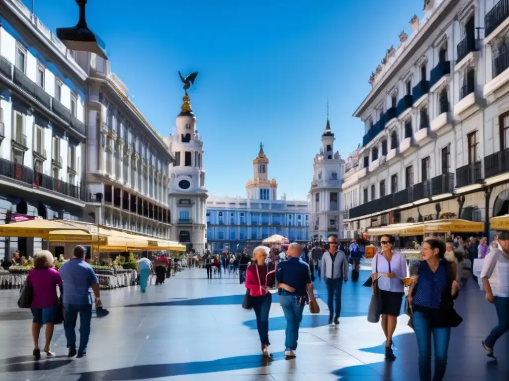 Escena animada en Madrid con turistas maduros disfrutando de la ciudad Atractivos turísticos para mayores en Madrid: Escena vibrante y bulliciosa en la capital española, con turistas maduros disfrutando de sus encantos