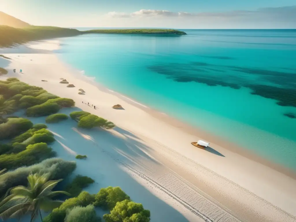 Hermosa escena de playa con viajeros sostenibles Viajeros maduros disfrutan de turismo sostenible en playa paradisíaca