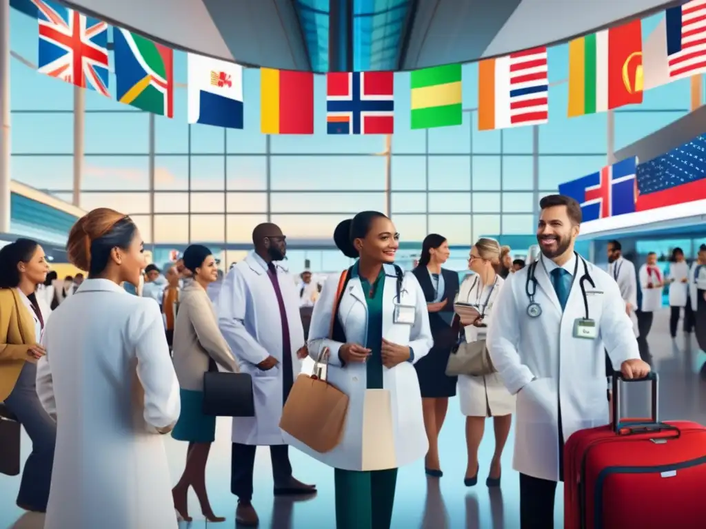 Viajes médicos en el extranjero en un aeropuerto internacional con profesionales médicos de distintas culturas y etnias