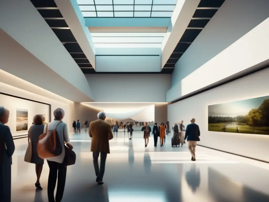Escena serena en un moderno museo Museo moderno con luz natural y arte vibrante - Museos recomendados para viajeros senior