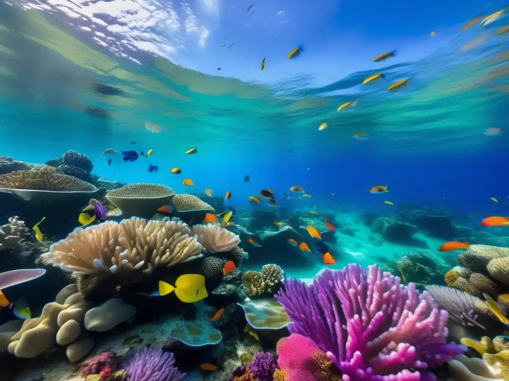 Maravillosa escena submarina con arrecife de coral vibrante Destinos de buceo ecológico: una escena submarina impresionante con corales, peces coloridos y buceadores respetuosos
