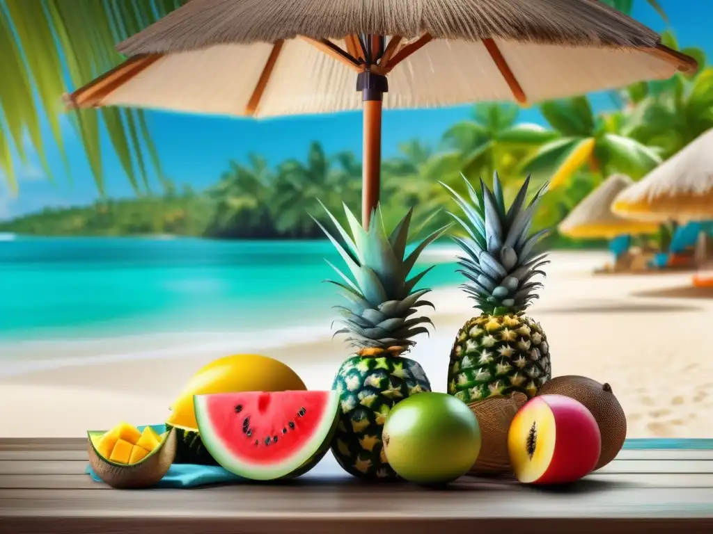 Paraíso tropical con frutas, sombra y tranquilidad Escena de playa tranquila con aguas turquesas cristalinas, frutas tropicales y precauciones viajero senior seguro