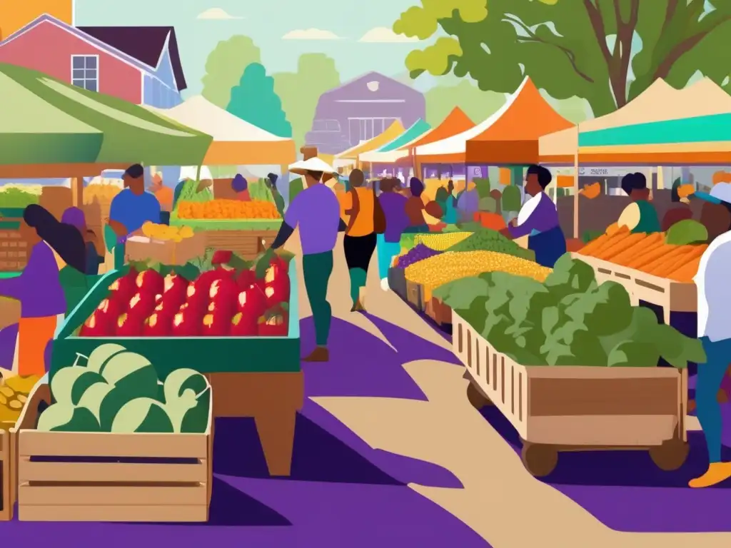 Mercado de agricultores vibrante con frutas, verduras y productos lácteos Una vibrante escena de un mercado agrícola con una gran variedad de alimentos frescos, como frutas, vegetales, nueces y lácteos