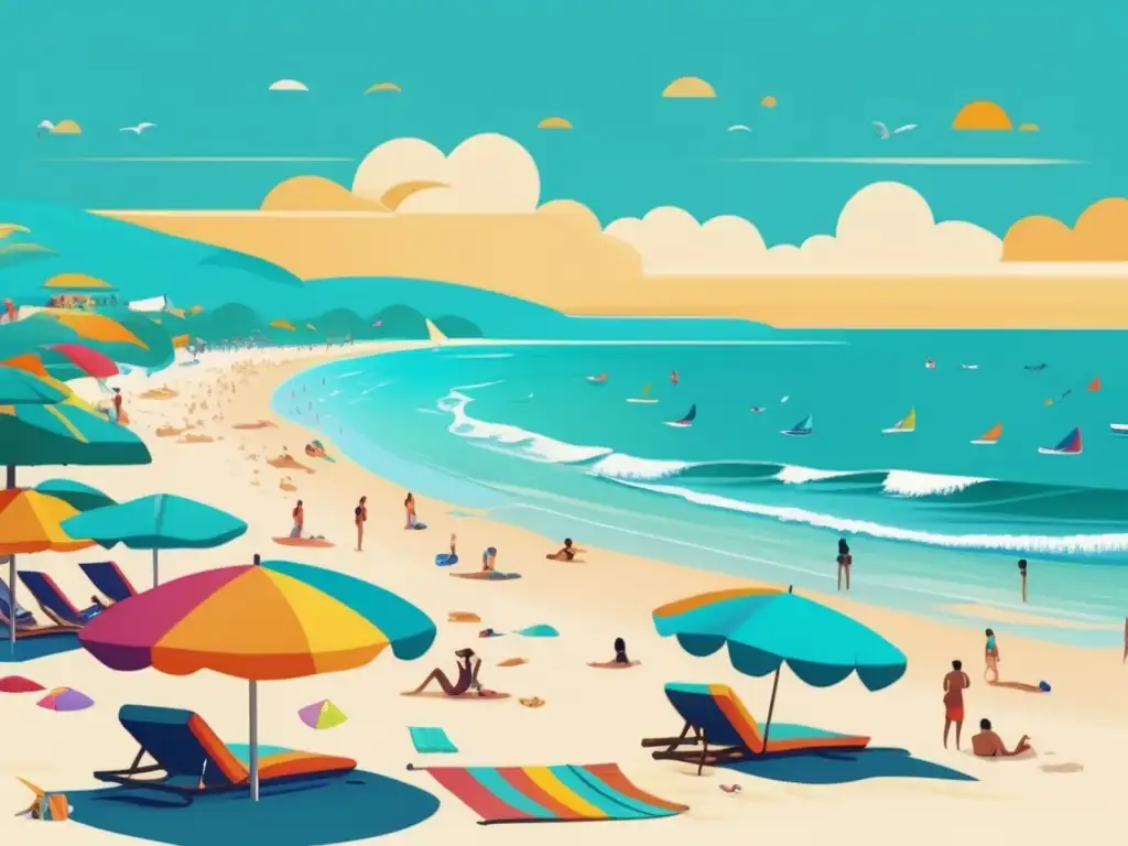 Escena vibrante en una playa soleada Escena de playa vibrante con toallas multicolores, sombrillas y paisaje urbano, perfecta para moda viaje senior chic