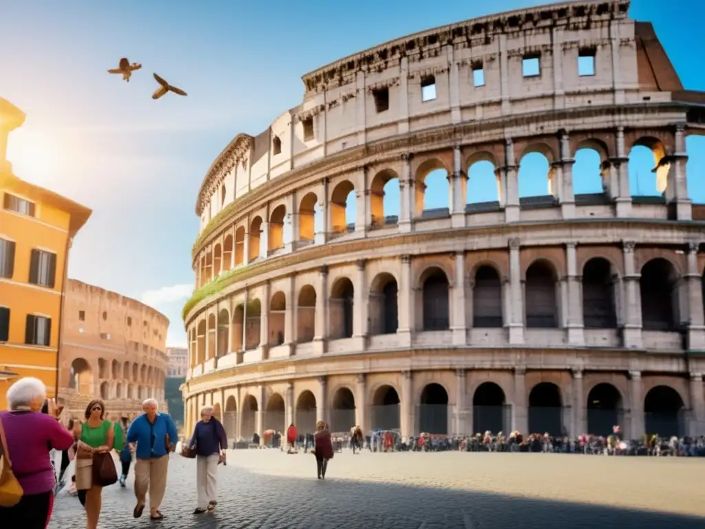 Viajeros mayores disfrutando de actividades culturales en Roma Actividades culturales para viajeros senior en Roma, Italia, con Coliseo y Foro Romano al fondo