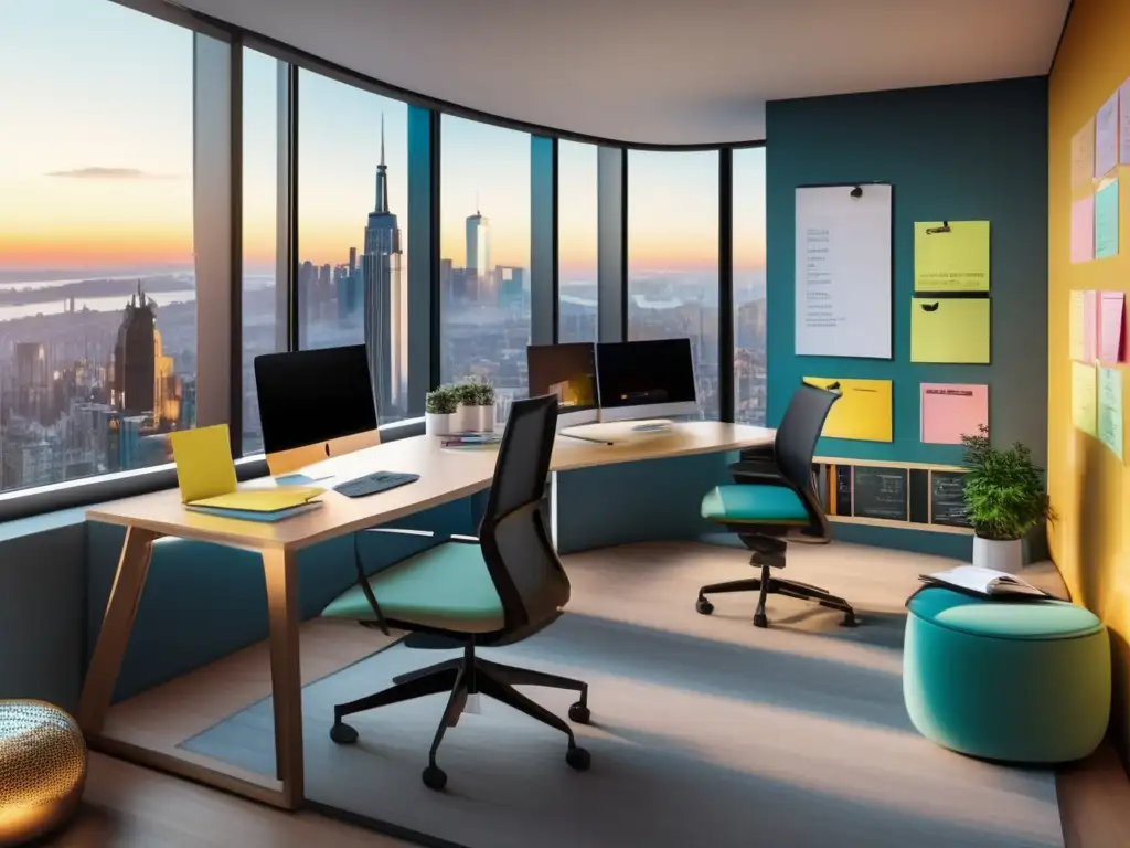 Un espacio de estudio moderno con vista panorámica a la ciudad Espacio de estudio moderno con vista panorámica de la ciudad