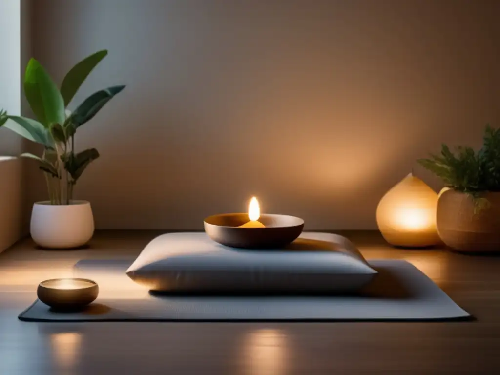 Sala de meditación serena y minimalista Preparación retiro meditación segura en sereno cuarto minimalista con accesorios relajantes