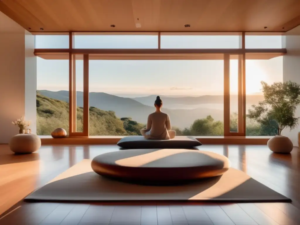 Espacio de meditación sereno con vista panorámica Espacio de meditación con vista panorámica para retiros espirituales y libros de meditación