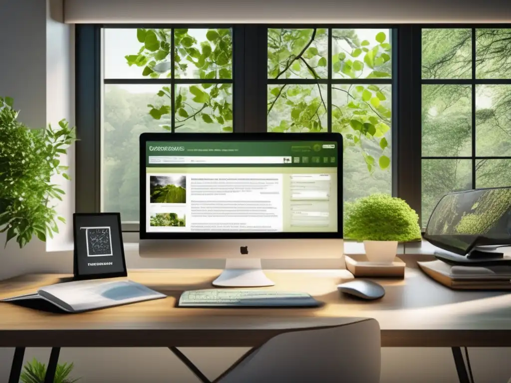 Espacio de trabajo genealógico eficiente y organizado Espacio de trabajo moderno con escritorio elegante y materiales de genealogía, incluyendo un sitio web de investigación genealógica