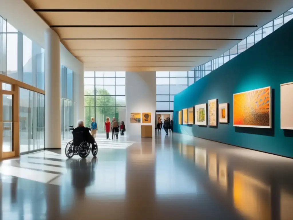Museo moderno accesible y vibrante Accesibilidad en museos para viajeros - Espacioso museo con rampa accesible, arte vibrante y luz natural