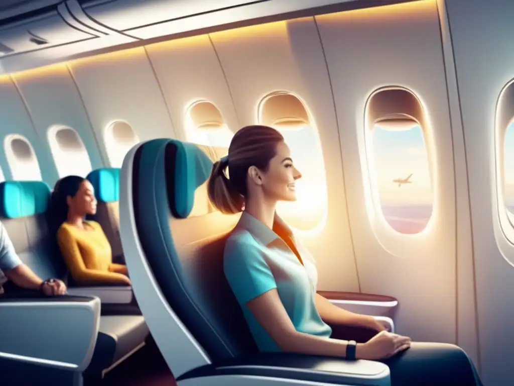 Espacioso interior de cabina de avión, pasajeros activos Ejercicios en avión para viajeros maduros: ambiente espacioso y luminoso, pasajeros activos y guía visual para mantenerse flexibles