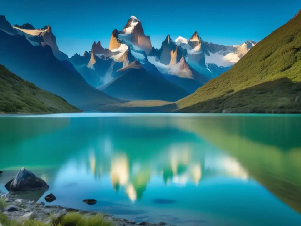 Espejo de montañas nevadas y lago sereno en Patagonia Lago sereno rodeado de montañas nevadas en Patagonia, Argentina