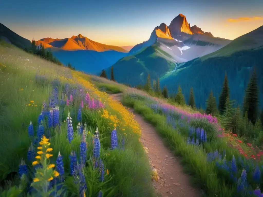 Paisaje montañoso sereno, invitando al senderismo Paisaje de montaña sereno al atardecer, lleno de vida y color