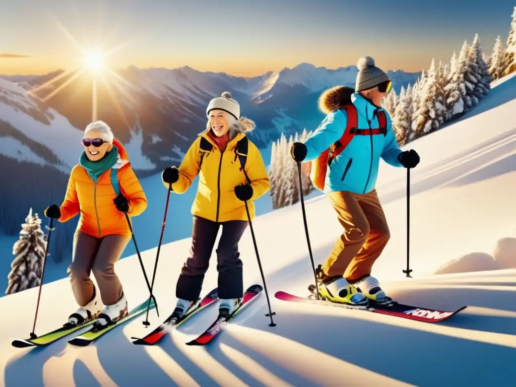 Personas mayores disfrutando del esquí en una montaña nevada Viajes de esquí para mayores seguros: adultos esquiando en una montaña nevada, demostrando la belleza de la naturaleza y la emoción del deporte