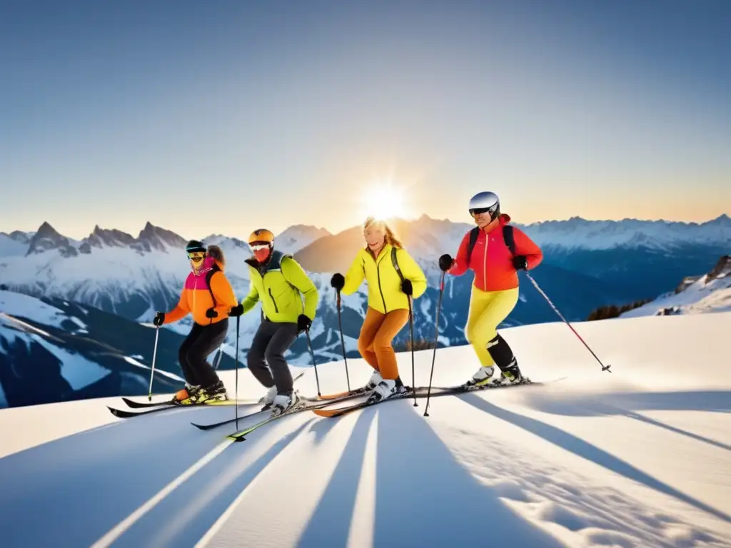 Seniors disfrutan del esquí en la montaña Viajes de esquí para mayores seguros - Grupo de esquiadores senior deslizándose graciosamente por una montaña nevada