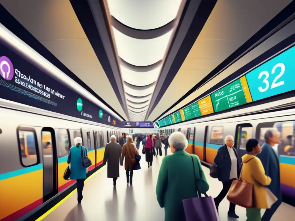 Estación de metro moderna para personas mayores Guía seguridad transporte público viajeros mayores: Estación metro moderna, segura y accesible con pantallas LED y señalización clara
