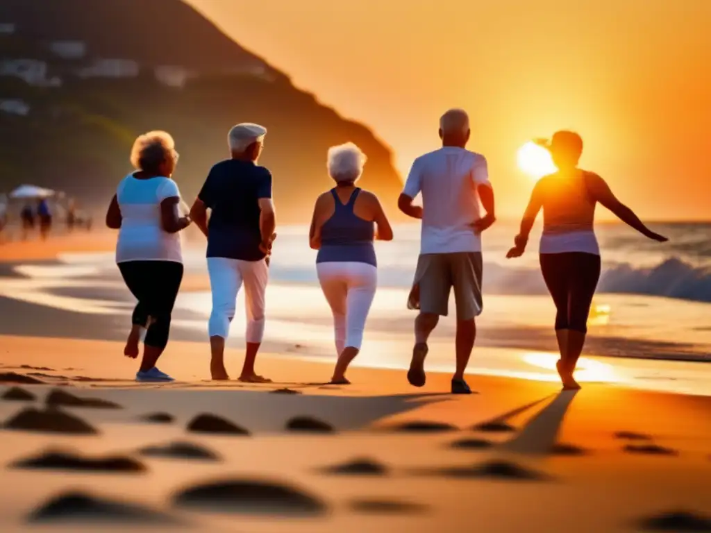 Grupo de seniors estirándose en la playa al atardecer Estiramiento para viajeros senior en playa al atardecer