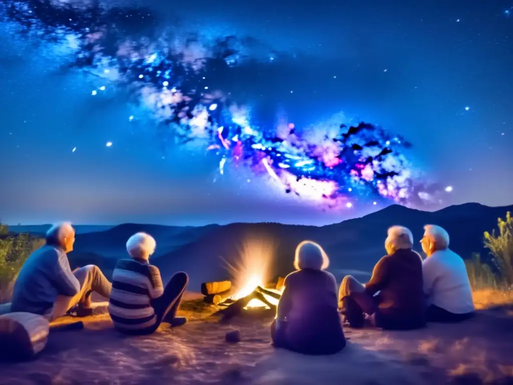Noche estrellada con ancianos alrededor de una fogata Viajes astronómicos para mayores bajo el cielo estrellado con montañas y naturaleza