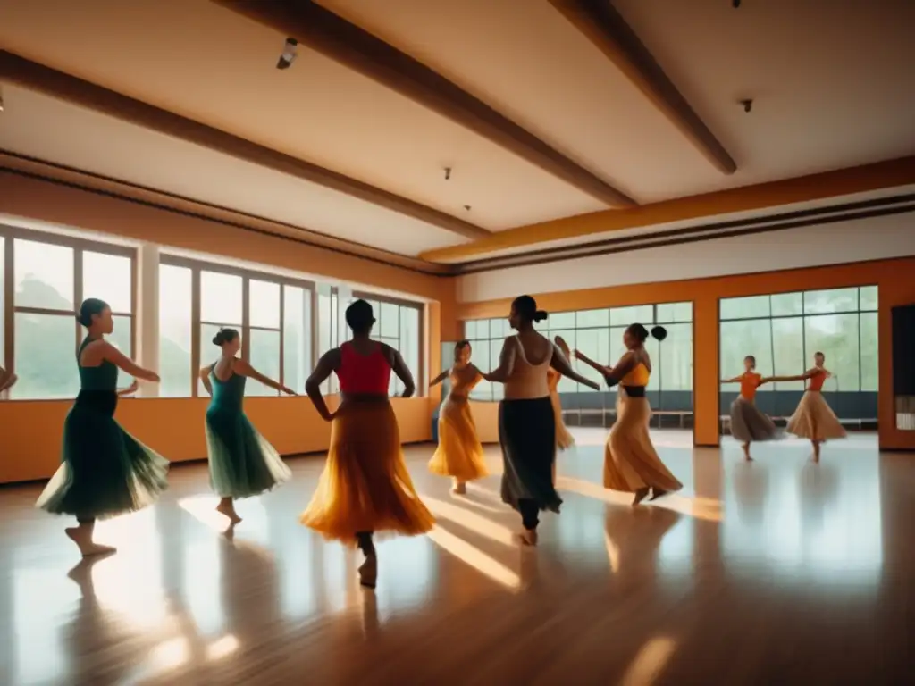 Estudio de baile vibrante y acogedor Talleres de baile para viajeros maduros en un estudio luminoso, reflejos en espejos, danza tradicional, alegría y diversidad