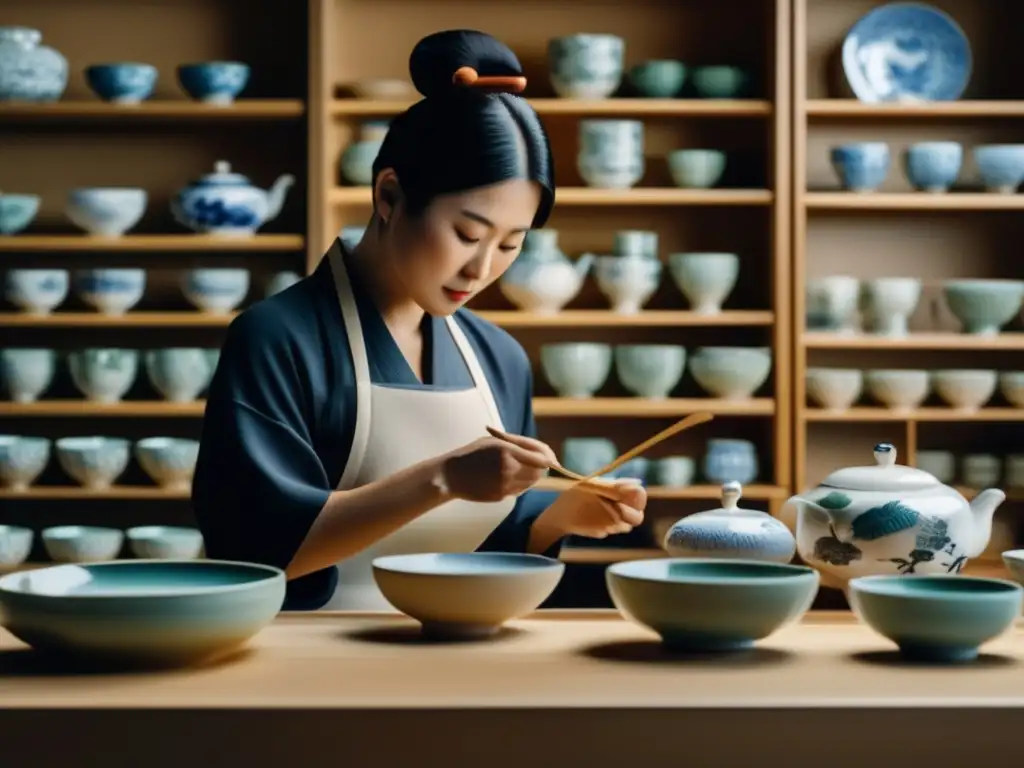 Artesano pintando porcelana japonesa Viaje cultural porcelana Japón seniors: Estudio de cerámica japonés con delicadas creaciones de porcelana y artesanos pintando con dedicación