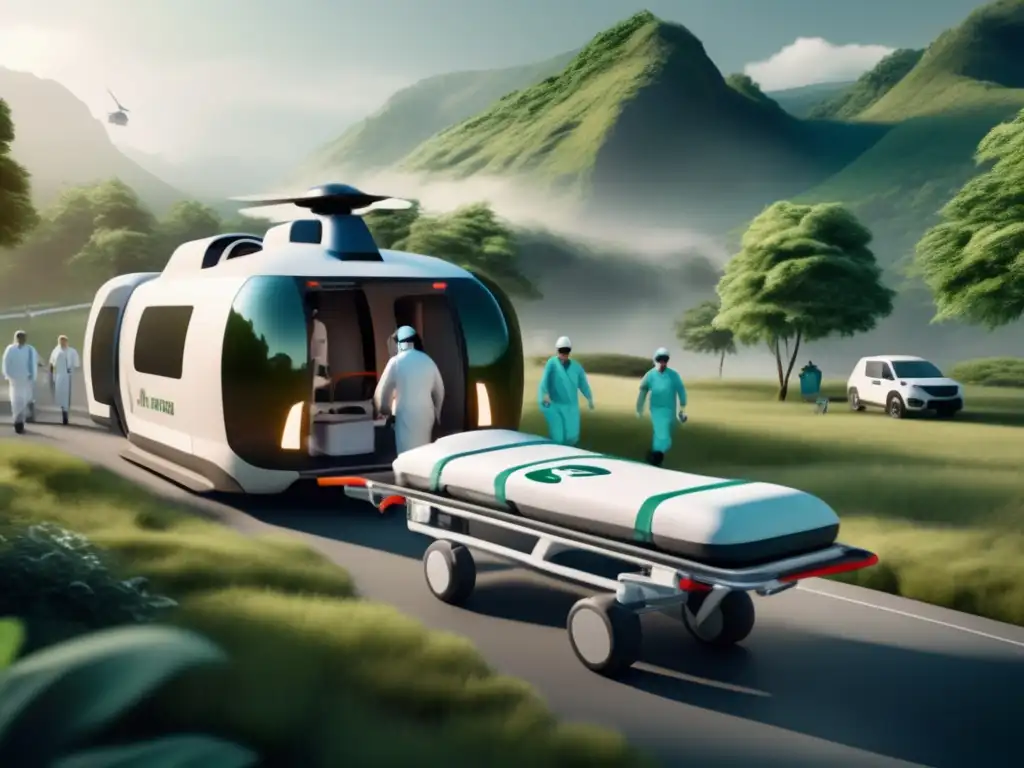 Preparativos repatriación médica emergencia: Equipo médico atendiendo paciente en escenario de evacuación, transporte avanzado y entorno sereno