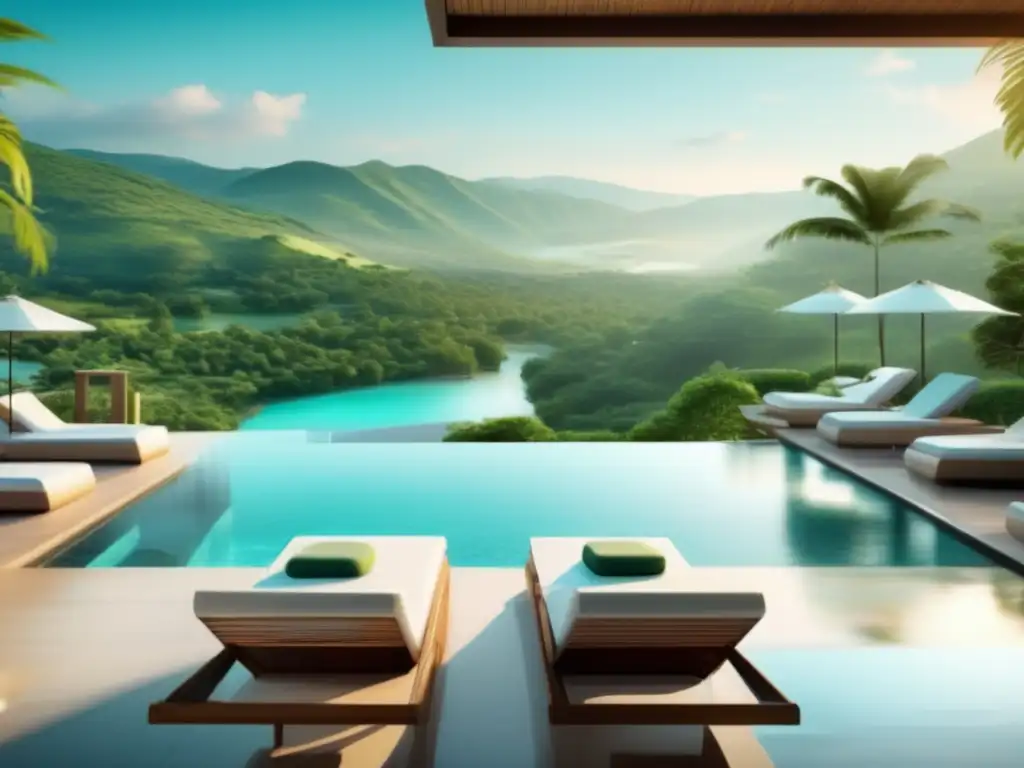 Exclusivo spa en entorno natural Un exclusivo balneario para viajeros mayores, rodeado de paisajes naturales impresionantes, con una piscina al aire libre y un moderno edificio de spa