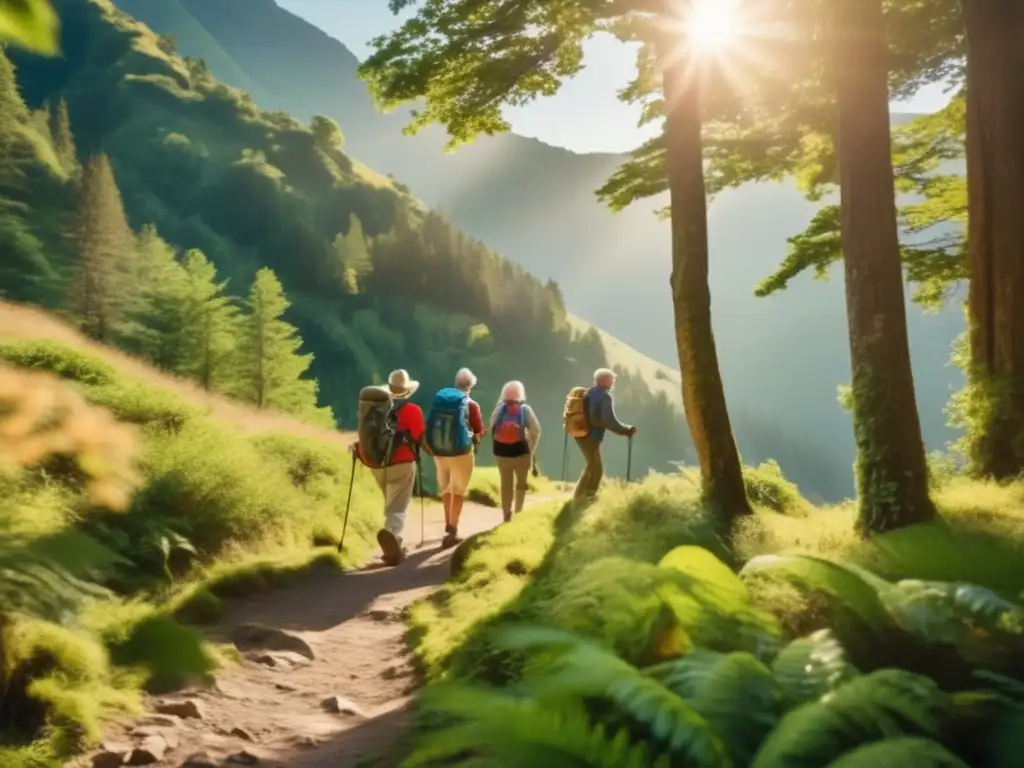 Senderismo de jubilados en una montaña pintoresca Aventuras para viajeros senior en pintoresco sendero montañoso