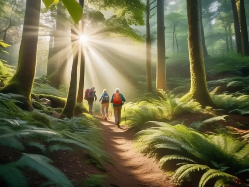 Excursión en bosque: grupo de adultos mayores disfrutando de la naturaleza Viajes de naturaleza para mayores atractivos en bosque exuberante con hikers entusiastas
