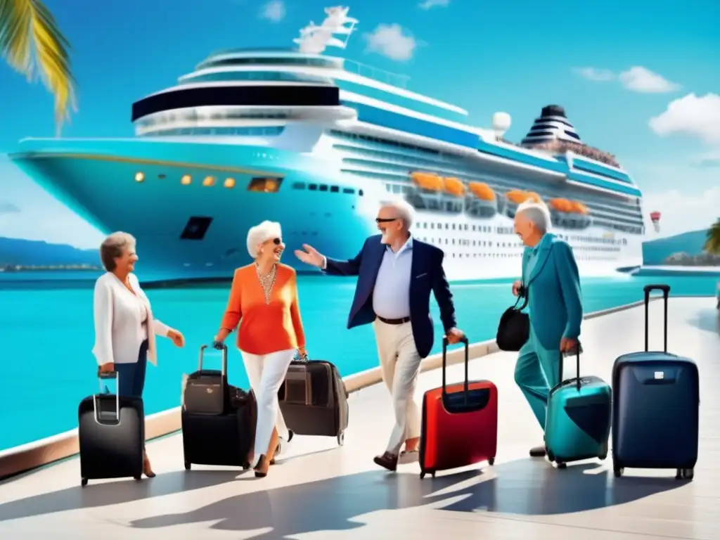 Emocionante grupo de seniors abordando un crucero lujoso en puerto pintoresco