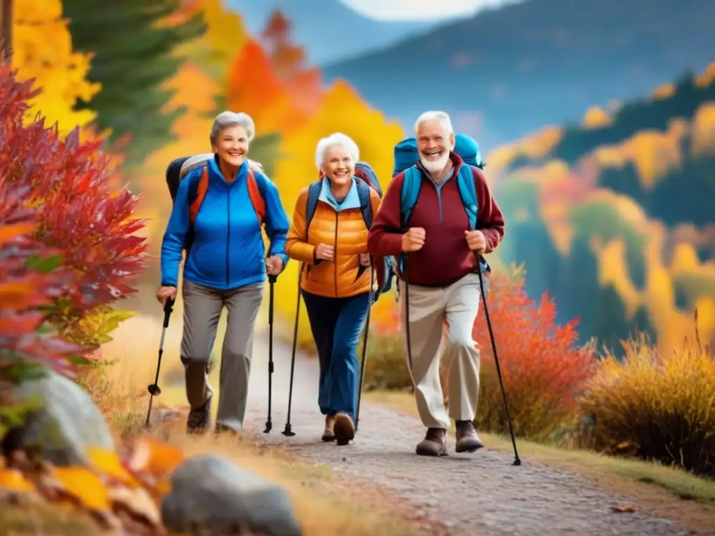 Grupo de adultos mayores disfrutando de una caminata escénica en la montaña Grupo de seniors disfrutando senderismo en montañas, seguro de viaje para seniors