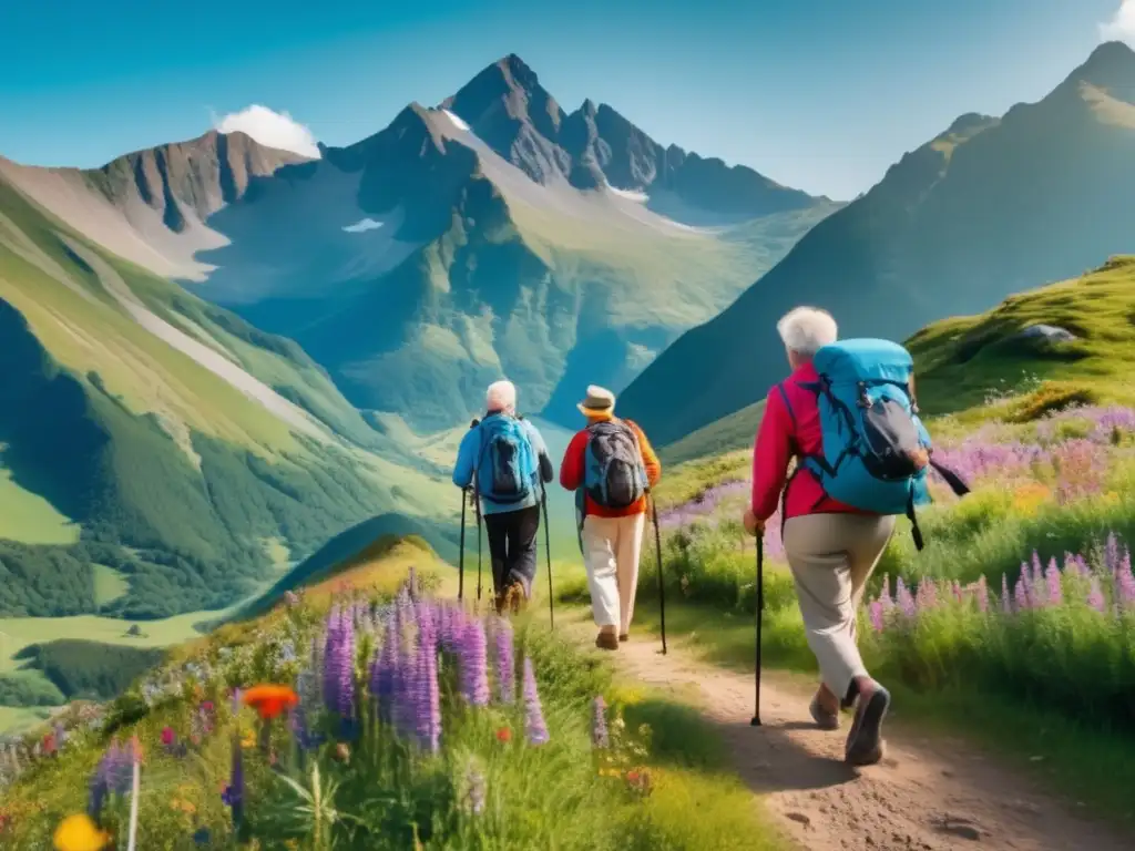 Senderismo de grupo de personas mayores Viajes seguros y saludables para seniors: Actividad de senderismo con paisaje montañoso impresionante, seniors sonrientes y vibrantes colores