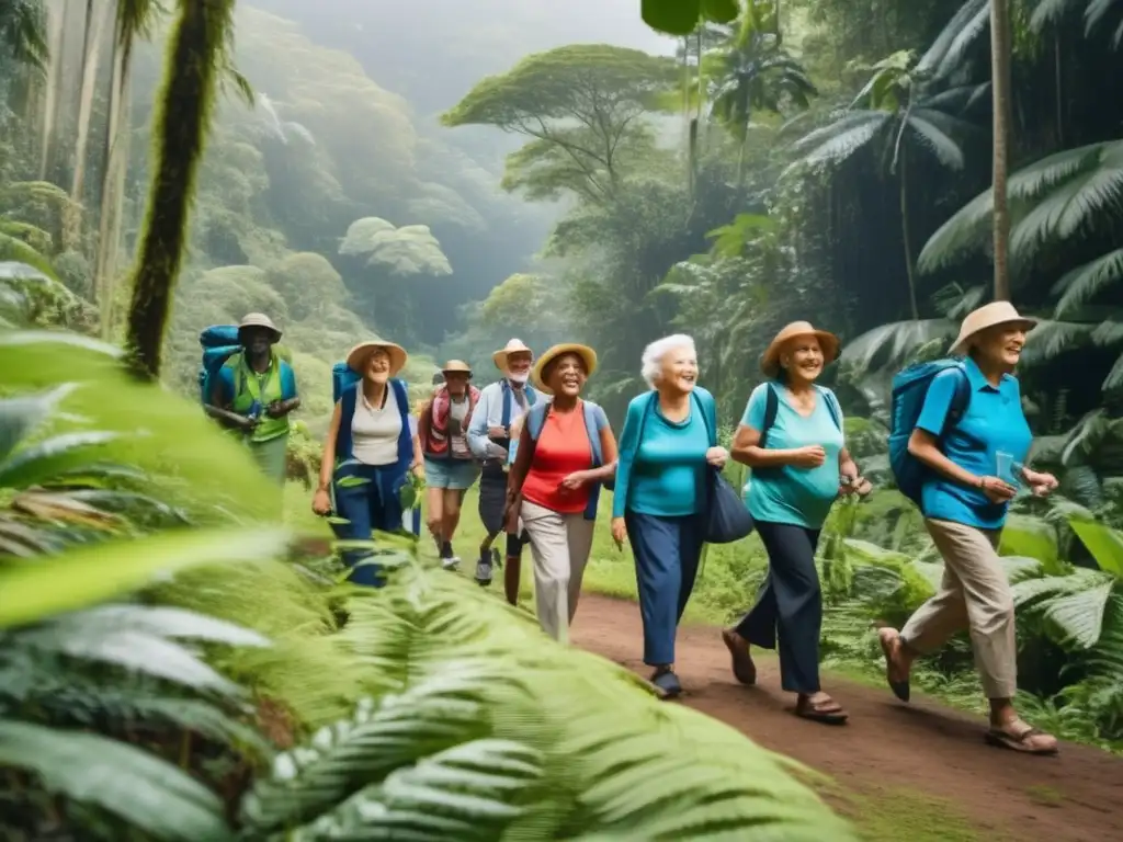 Excursión ecológica segura para adultos mayores Ecoturismo seguro para viajeros mayores en una exuberante selva con guía y actividades para el bienestar físico y mental