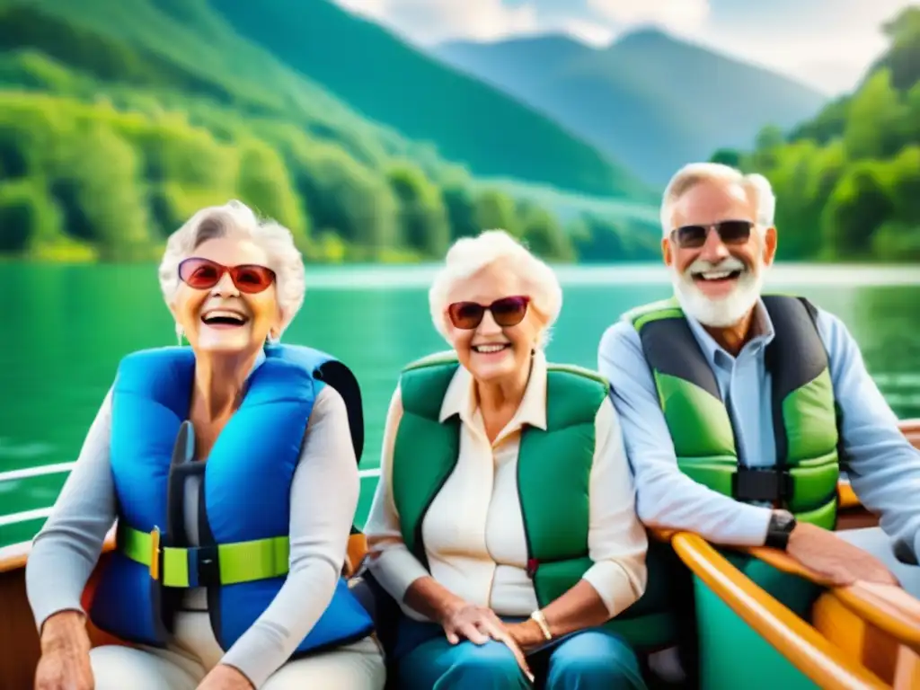 Grupo de seniors disfrutando un paseo en bote Cuidados viajes seniors salud: grupo de mayores disfrutando paseo en bote rodeados de naturaleza y tranquilidad