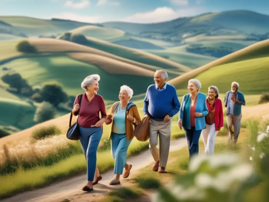 Grupo de seniors disfrutando de un viaje pintoresco Beneficios de viajes en grupo seniors, paisaje pintoresco con colinas y cielo azul, seniors sonrientes en diversas actividades