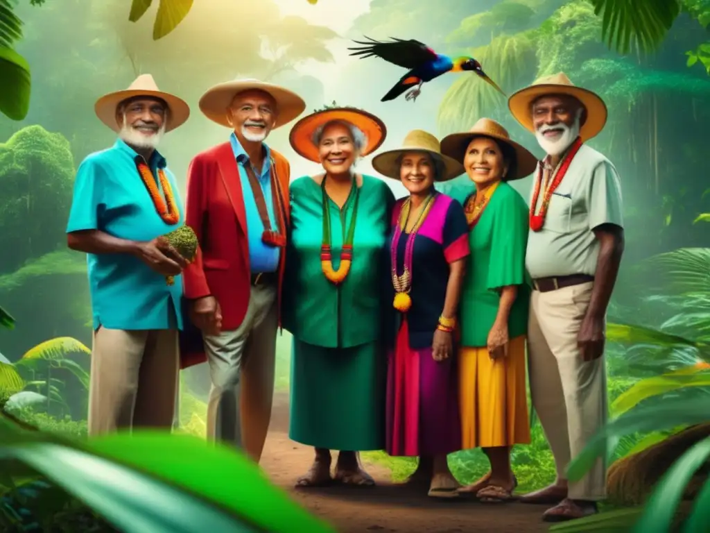 Excursión sostenible en la selva amazónica Tours ecológicos para seniors en la selva amazónica de Perú, con vestimenta vibrante y paisajes exuberantes