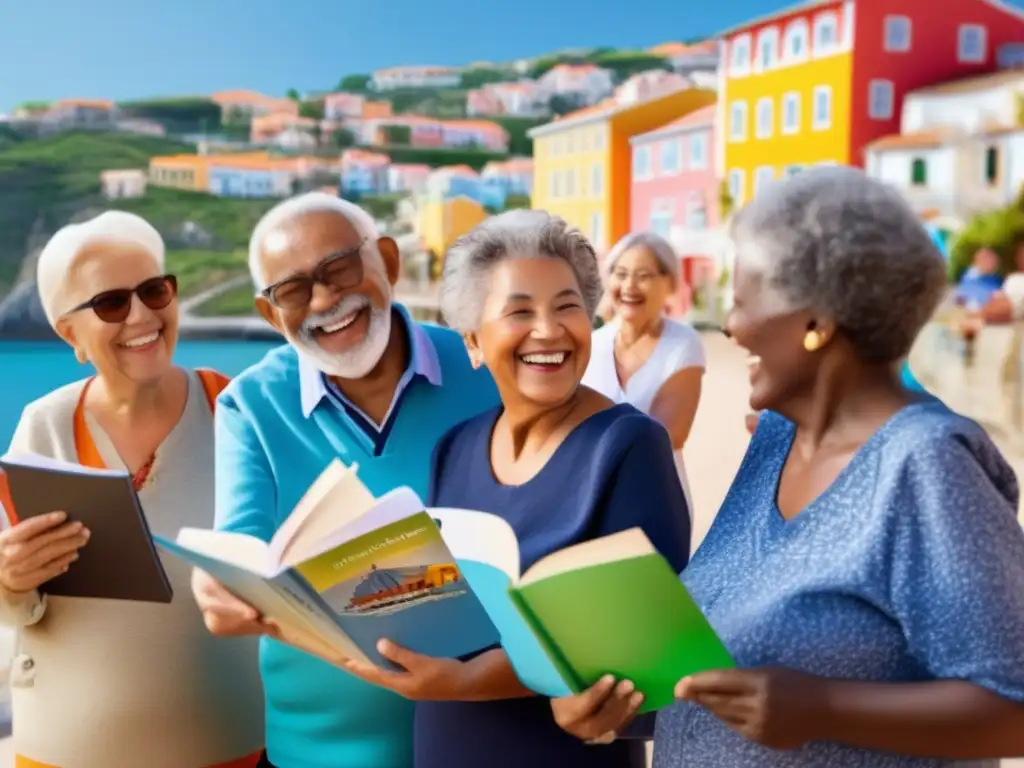 Grupo de adultos mayores en inmersión lingüística Viajes lingüísticos para adultos mayores en comunidad alegre y vibrante