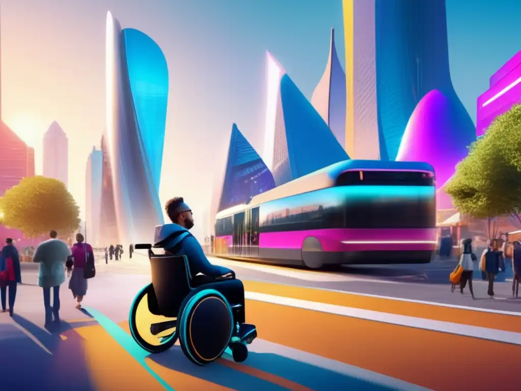 Persona en silla de ruedas explorando ciudad accesible Persona en silla de ruedas explorando ciudad accesible y vibrante