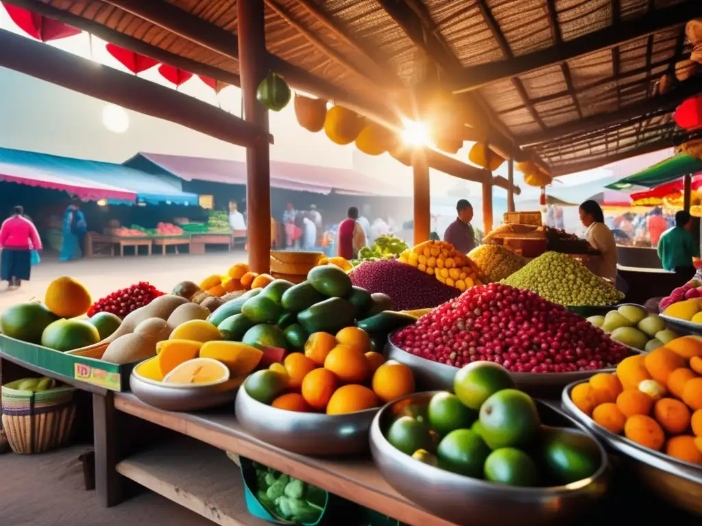 Mercado culinario vibrante Escena vibrante de mercado culinario cultural con diversidad de ingredientes y intercambio cultural