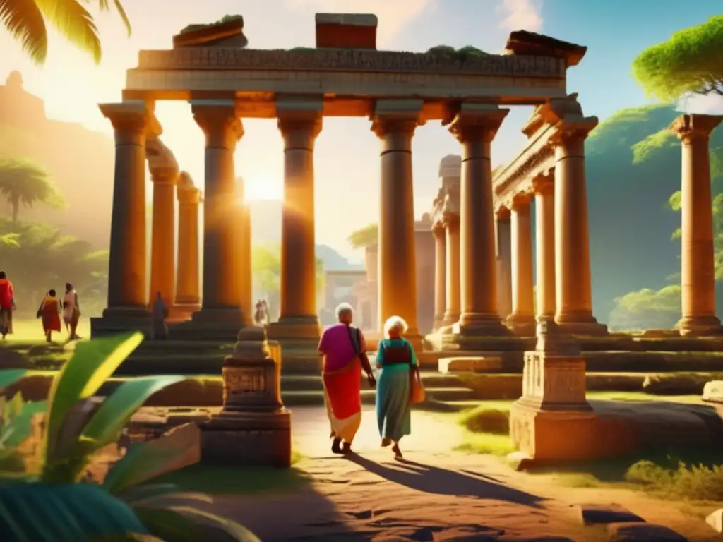 Exploración cultural en ruinas antiguas Viajes temáticos para mayores adaptados: Exploración de ruinas antiguas con guía entusiasta y vibrante atmósfera histórica