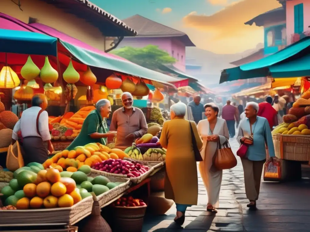 Viajeros maduros explorando un mercado vibrante Experiencias enriquecedoras para viajeros maduros explorando un bullicioso mercado en una ciudad extranjera