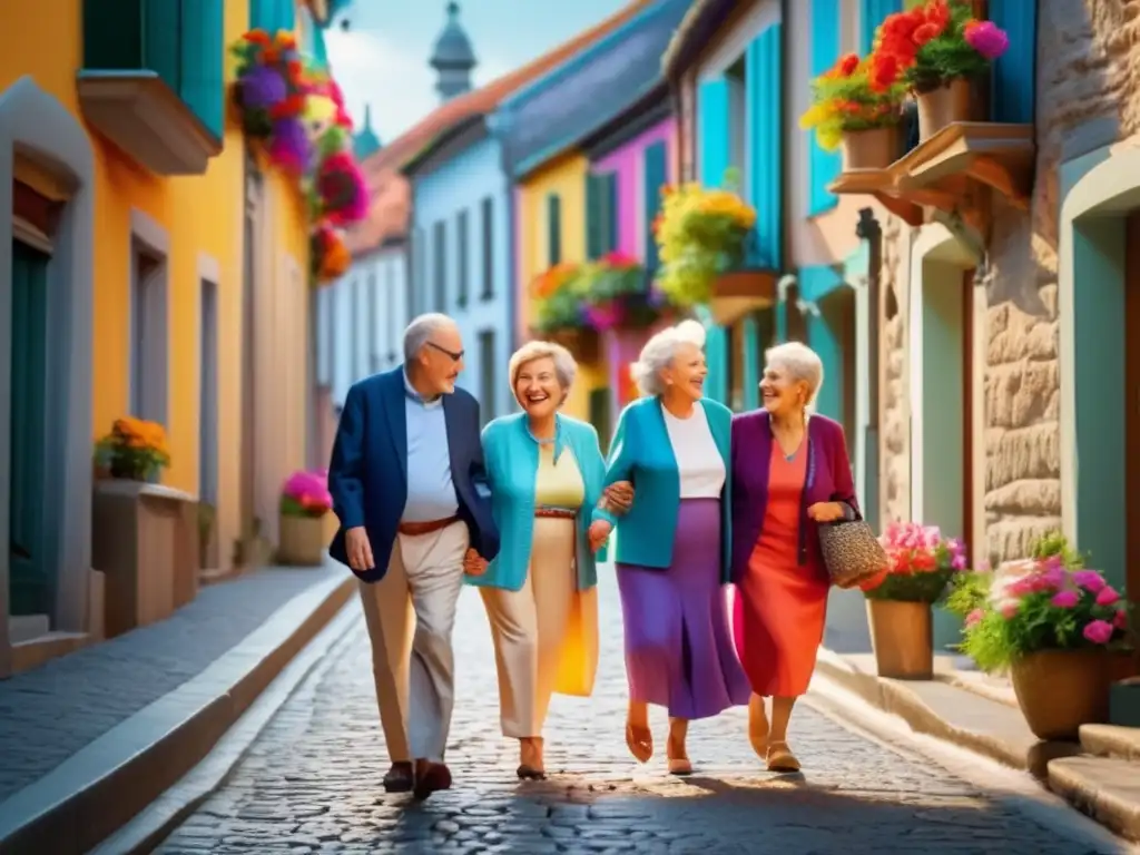 Grupo de seniors explorando una ciudad histórica Beneficios viajes grupo seniors: Grupo de mayores disfrutando de una ciudad histórica, con calles empedradas y arquitectura colorida