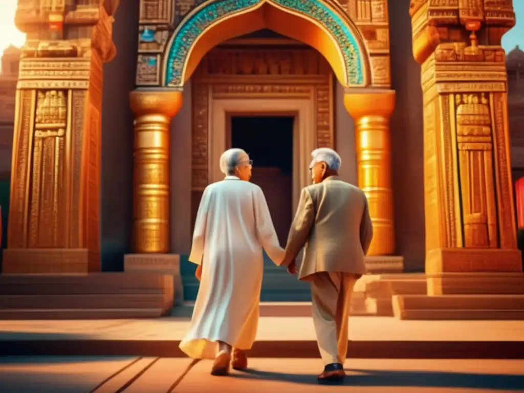 Pareja admirando templo antiguo Pareja mayor maravillada por un templo antiguo: Viajes culturales para adultos mayores