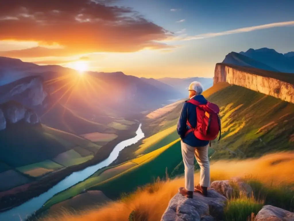 Viajero senior en acantilado con paisaje espectacular Viaje senior solitario o grupo: Una imagen impresionante de un viajero senior en un acantilado, disfrutando de un paisaje pintoresco al atardecer