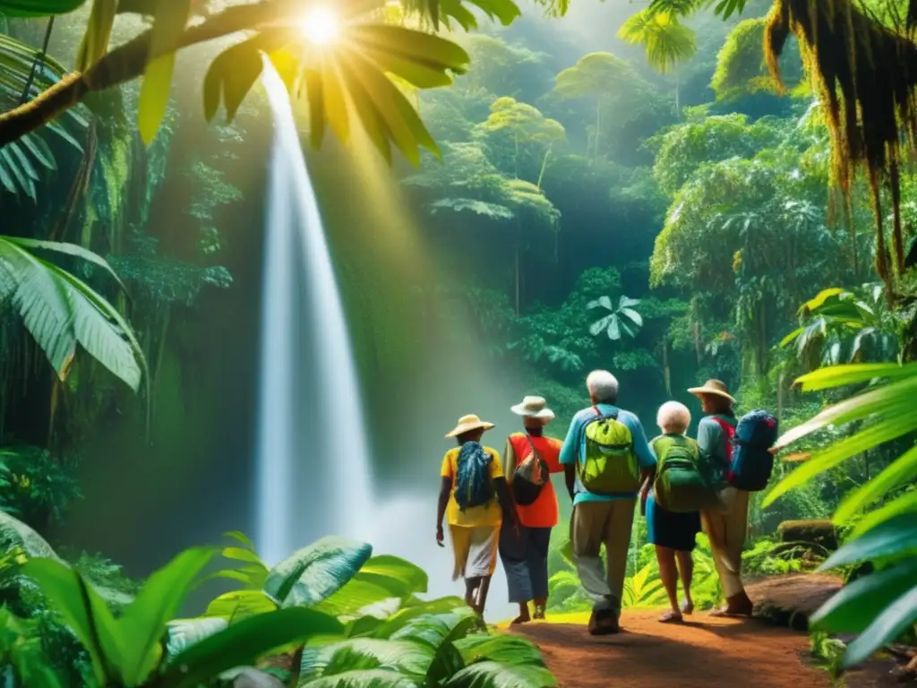 Grupo de adultos explorando una selva vibrante Beneficios del ecoturismo para adultos mayores: Explorando la exuberante selva con guía experto y cascada oculta