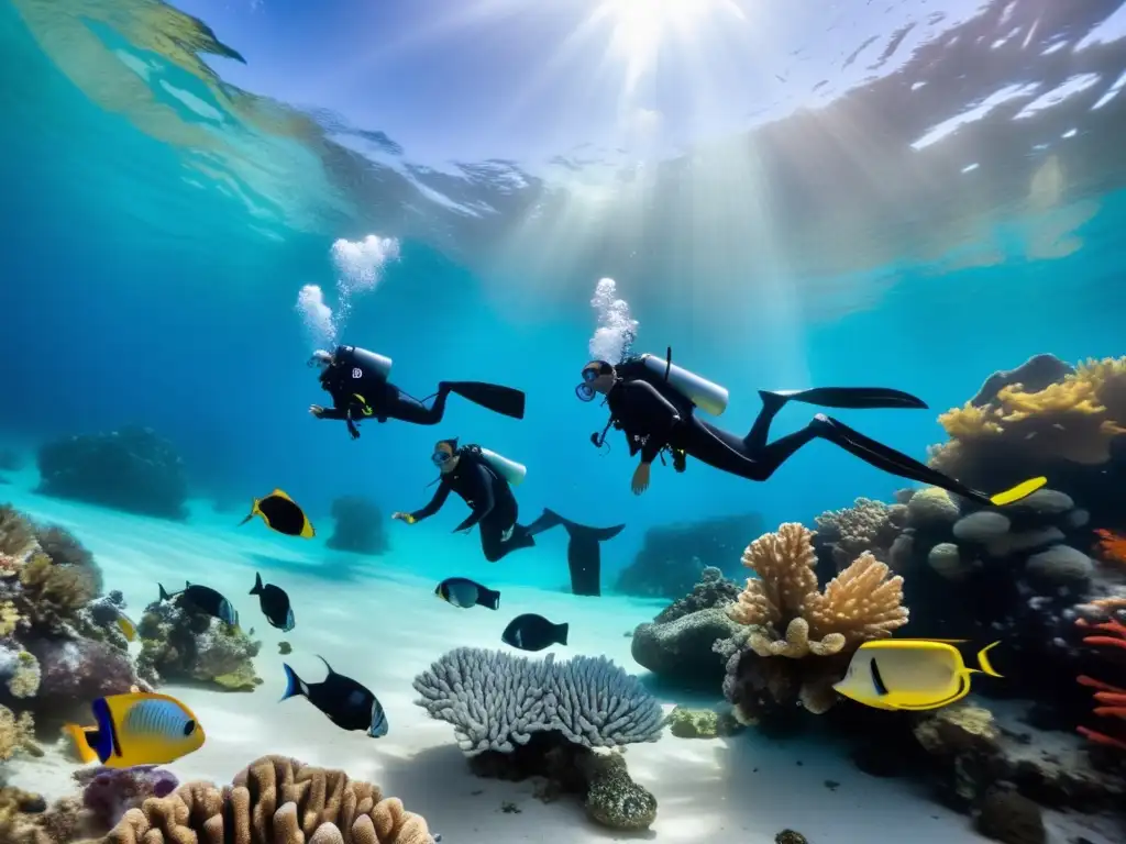 Buceo sereno en arrecife colorido Buceo seguro y emocionante para viajeros maduros en arrecife de coral