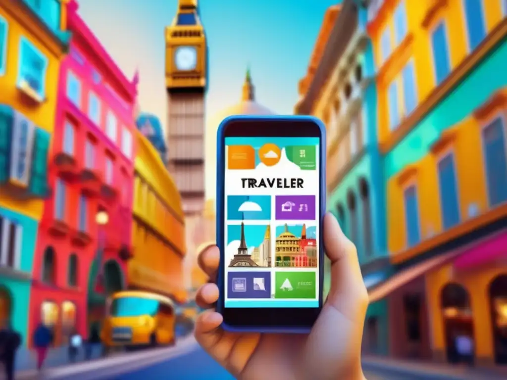 Viajero explorando ciudad con smartphone Ventajas de usar smartphone como guía turística en una vibrante imagen de un viajero explorando una hermosa ciudad con la ayuda del dispositivo