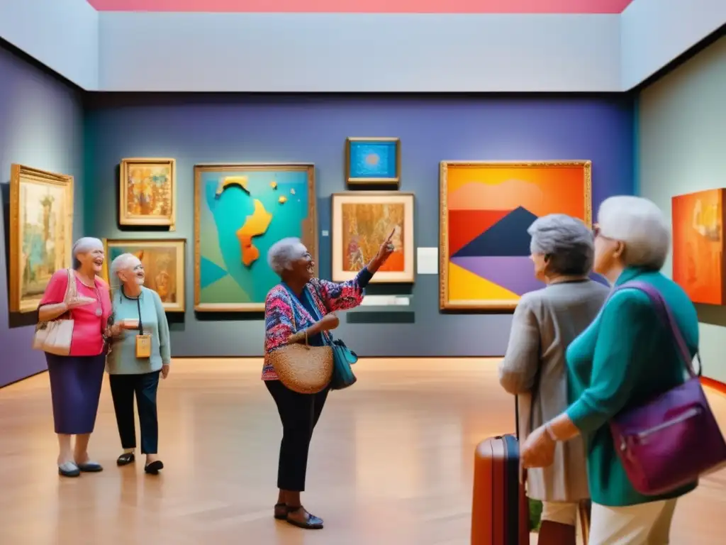 Seniors explorando museo de arte Viajes culturales para seniors en un vibrante museo de arte