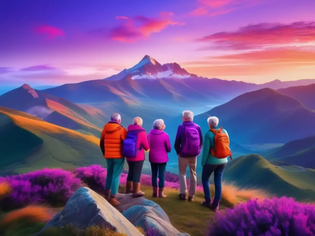 Grupo de viajeros disfrutando de la naturaleza Consejos optimistas viajeros maduros en montaña