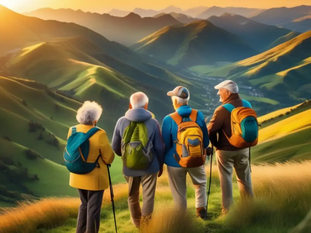 Seniors disfrutan montañas y valles Testimonios de viajeros seniors en una montaña con vistas espectaculares